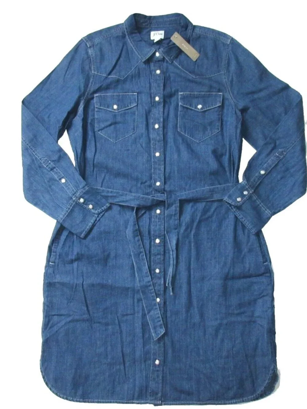 NWT J.Crew Long Sleeve Denim Shirtdress in Blue Tie Waist Snap Front Dress 4